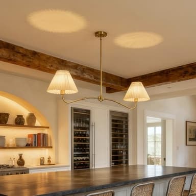 TinHon 47’’ Linear Kitchen Island Lighting Fixture, 2-Light Modern Linear Chandeliers for Dining Room with White Pleated Fabric Shades, Classic Gold Chandeliers for Restaurant Over Table