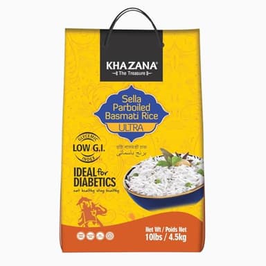 Authentic Ultra Long Sella Parboiled Basmati Rice by Khazana in 10 lb Bag - Aromatic and Flavorful Indian Grain - Non-GMO, Gluten Free, Kosher, Cholesterol Free