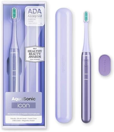 Aquasonic Icon ADA-Accepted Rechargeable Toothbrush | Magnetic Holder & Slim Travel Case | 2 Brushing Modes & Smart Timers | Gentle Micro-Vibrations (Lilac)