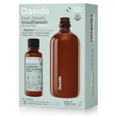 Davids Hydroxi Fresh Breath Mouthwash Starter Kit, Alcohol-Free, Fluoride-Free, Nano-Hydroxyapatite for Remineralizing & Enamel Health, Relieves Dry Mouth, Fresh Mint, 16 fl oz