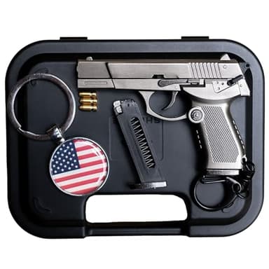 Drovier Gun Keychain - Mini Gun Keychain - Fully Metal with Bullets + As Gift: American Flag - Pistol Keychains