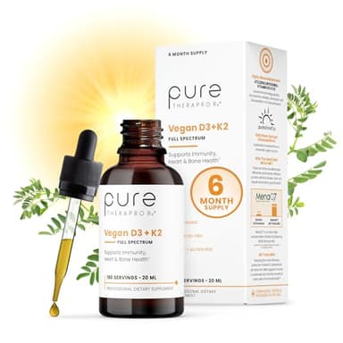 Pure Therapro Rx Vegan D3 + K2 Organic 100% Liposomal 20ml Made in USA | 6 Month Supply | Maximum Absorption Vitamin D3 and Vitamin K2 Supplements for Men and Women, D3 Vitamin 5000 IU