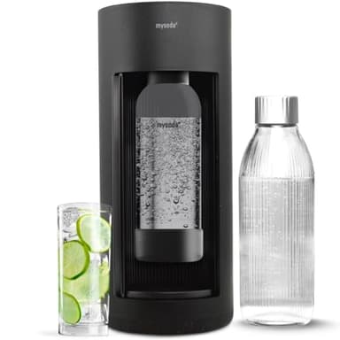 Mysoda Glassy Soda Maker + 1L Glass and 1L Plastic Bottle - Silent Carbonated Water Machine Soda Maker with Sliding Door Opening - No Cylinder Included - Black