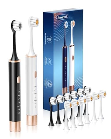 Aneebart Sonic 2 Pack Electric Toothbrush for Adults and Kids, Travel Toothbrush Includes 12 Replacement Toothbrush Heads, 6 Modes with 2 MIN Smart Timer (Black White)