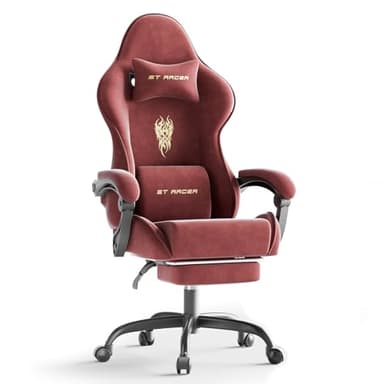 Ferghana Velvet Fabric Gaming Chair, High Back Ergonomic Gamer Chair for Adult, Comfortable Video Game Chair with Footrest and Massage Lumbar Cushion, Racing Reclining Office Computer Desk Chair Red