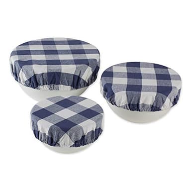 DII Reusable Cloth Bowl Cover Collection Machine Washable, Cotton with Elastic Stretch for Food Storage, 10.25"/8.25"/7.5" Diameter, Farmhouse Plaid, French Blue, 3 Piece