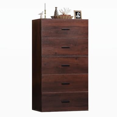 WLIVE Tall Dresser for Bedroom, Wood Chest of Drawers with Mental Handles, Brown Bedroom Dresser with 5 Drawers, Modern Minimalist Closet Store Organizer for Living Room, Hallway