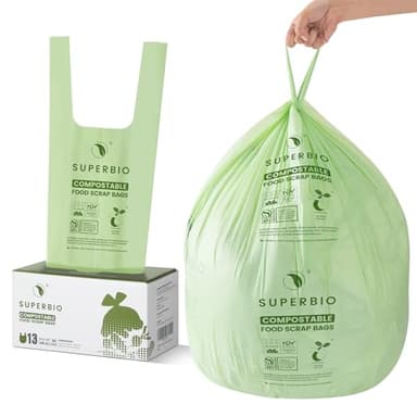 SUPERBIO 13 Gallon Compostable Kitchen Waste Bags with Handles, Food Scrap Bags Certified by BPI, OK compost INDUSTRIAL, 30 Count, 49.2L