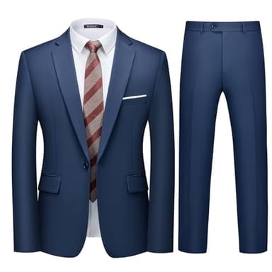 WULFUL Men's 2 Piece Slim Fit Suit Set One Button Blazer Jacket Pants Tuxedo Set for Party, Wedding and Business Navy