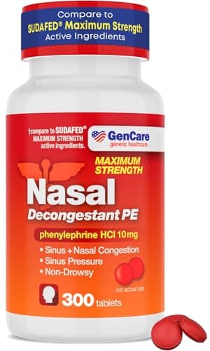 GenCare Nasal Decongestant PE – Phenylephrine HCl 10mg Tablets (Bulk 300 Count) Non-Drowsy Sinus Pressure Relief & Nasal Congestion Relief, Stuffy Nose Decongestants for Adults – Compare to Sudafed PE