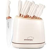 Amorston Knife Set, 14 Pcs Kitchen Knives Block Set for Mirror Blade Design, German Stainless Steel Knife Sets with Sharpening Stone, Dishwasher Safe Perfect Holiday Gifts for Kitchen, White