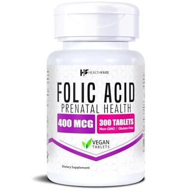 Healthfare Folic Acid 400mcg | 300 Veg Tablets | Folate Vitamin B9 | Gluten-Free | Non-GMO | Made in USA