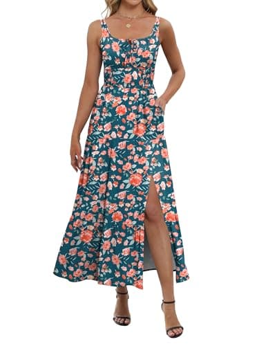 ANRABESS Women Summer Casual Floral Printed Square Neck Sleeveless Straps Elastic Waist Slit Beach Vacation Maxi Dress Floral Teal Medium