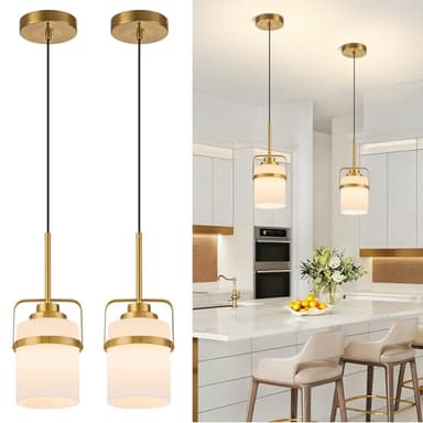 BrkNit Modern Brass Pendant Lights Kitchen Island Light, Adjustable Hanging Light Fixture with Milk Glass Shade, Farmhouse Pendant Light for Dining Room Bar Over Sink/Table/Counter, 2 Pack