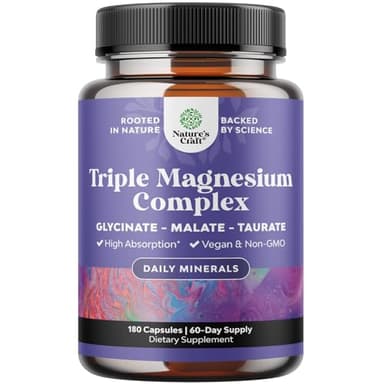 Triple Magnesium Complex Supplement - High Absorption Magnesium Glycinate, Malate & Taurate Blend for Muscles Energy Support & Heart Health - Triple Mg Complex 400 mg Capsules - 180 Count