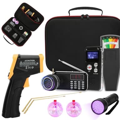 11 Pcs Ghost Hunting Kit with 1 EMF Meter,1 EVP Recorder, 1 Spirit Box,1 Speaker,1 Infrared Thermometer,1 UV Light,2 Brass Detection Rods,2 LED Light up Cat Balls & 1 Carrying Case