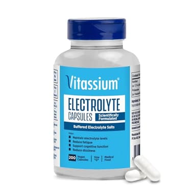 Vitassium Electrolyte Capsules, Electrolytes for The Management of POTS and High Sodium Diets (500mg Sodium - 100mg Potassium), Unflavored, 200 Salt Pills (Size 0)