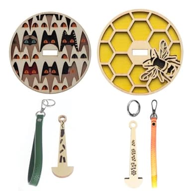 Fertrey 2Pcs Portable Wooden Wrist Yarn Holder with Leather Strap, Knitting and Crocheting Craft Tool, Yarn Storage Spinner for Crochet Travel(Bee & Cat)