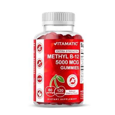 Vitamatic Extra Strength Vitamin B12 5000 mcg (Methyl B12) Gummies - 120 Count - Energy Metabolism Support and Nervous System Health Support, Natural Cherry Flavored (1)
