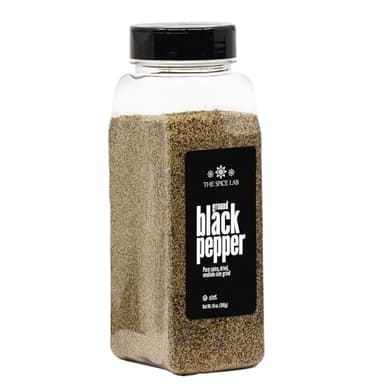 The Spice Lab Ground Black Pepper – Fine Grind in Reusable Plastic Jar – Gourmet Black Pepper Ground – Non-Irradiated – 14oz Bulk Size – Freshly Packed for Bold Flavor