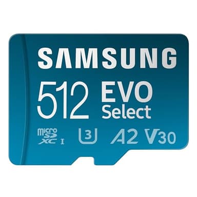 Samsung EVO Select microSDMemory Card + Adapter, 512GB microSDXC, Up-to 160 MB/s, 4K UHD, UHS-I, C10, U3, V30, A2, for Mobile Phone, Smartphones, Nintendo-Switch, and Tablets (MB-ME512SA/AM)