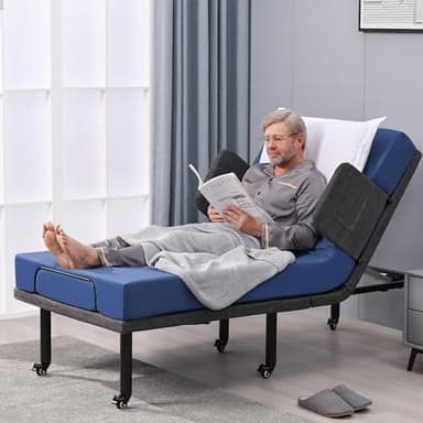 ESHINE Adjustable Bed with 6” Hospital Mattress - Bed Frame with Rails, Adjustable Heights with Wheels, Underbed Night Light, Wireless Remote, Head and Foot Inclined