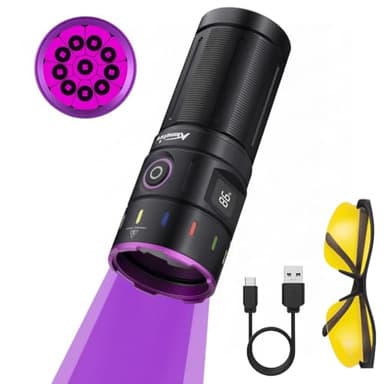 ALONEFIRE SV140 365nm UV Flashlight Strong 60W USB Rechargeable Digital Display Black Light for Pet Urine Detection, Resin Curing, Scorpion, Fishing, Minerals with UV Protective Glasses, 4PCS Battery