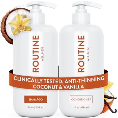 Routine Wellness Anti-Thinning Shampoo and Conditioner Set for Thinning Hair - Biotin DHT Blocker Women & Men - Color Safe Shampoo for Hair Loss & Healthier Hair - Coconut & Vanilla (Pack of 2)