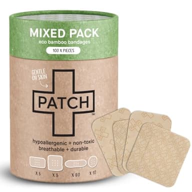 PATCH 100 Piece Value Pack Mixed Sizes - Eco-Friendly Bamboo Bandages for Cuts & Scratches, Hypoallergenic Wound Care for Sensitive Skin, Compostable & Biodegradable, Latex Free, Plastic Free