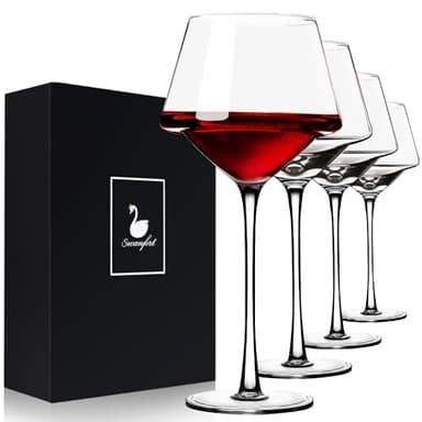 Swanfort Red Wine Glasses Set of 4, 15oz Elegant Long Stem Wine Glasses in Gift Box, Premium Glassware for Wedding, Anniversary, Birthday Gifts
