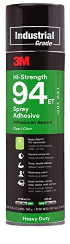 3M Hi-Strength 94 ET Spray Adhesive Glue, Low VOC, Heavy Duty, Wood, Metals, Rubber, Carpet, Flooring, Laminate, Foam, Fabric, Glass, Plastic, Clear, Net Wt 19.75 oz