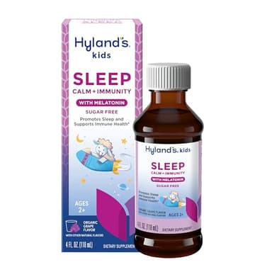 Hyland's Kids Sleep Calm & Immunity with Melatonin, Sugar-Free Sleep Aid Liquid with Magnesium, Vitamin D, Zinc & Elderberry, Promotes Sleep & Supports Immune Health, Ages 2+, Grape Flavor, 4 Fl. Oz.