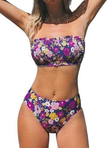 CUPSHE Bikini Set for Women Two Piece Swimsuit Bandeau Top Back Tie Mid Waisted Bottom with Removable Shoulder Straps, L Purple/Floral