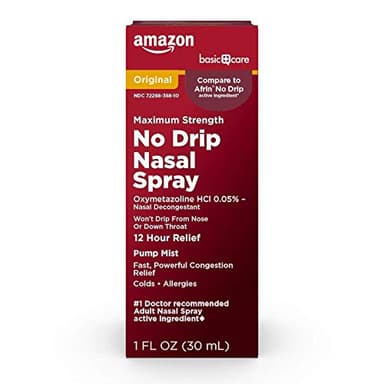 Amazon Basic Care No Drip Nasal Spray, 12 Hour Nasal Decongestant, Pump Mist, Oxymetazoline HCl, Cold and Allergy Nasal Spray, 1 fl oz (Pack of 1)