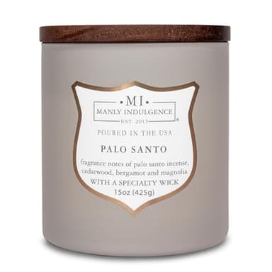 Manly Indulgence Palo Santo Scented Candles for Men, 15 oz Wooden Wick, Premium Soy Blend Wax, 60H Burn, Candles for Home Scented - Made in The USA