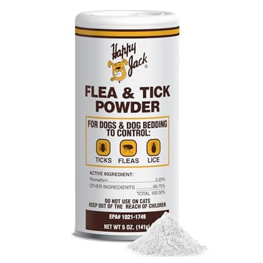 Happy Jack Flea and Tick Powder for Dogs & Puppies, Flea Powder for Flea Treatment & Control, Kills Pests, Ticks & Lice, Odorless & Non-Staining, Dust on Sleeping Quarters & Dogs (5 oz)