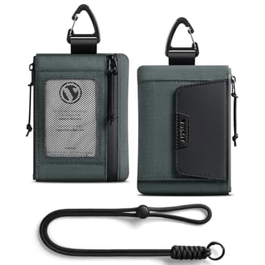 VULKIT RFID Blocking Lanyard Wallet for Men and Women, Nylon Neck Wallet with ID Window, Zipper Pouch and Keychain, Magnetic Pocket for Hiking, Fishing and Outdoor Activities, Slate Green