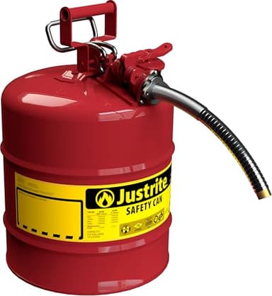 Justrite 5 Gallon Type II Red Safety Gas Can for Gasoline with Flame Arrester, Self-Closing Lid, and 1" Flexible Metal Spout, Made in the USA, Galvanized Steel Flammable Storage Can, 7250130