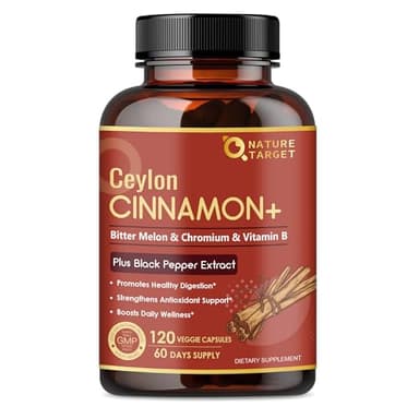 NATURE TARGET Ceylon Cinnamon Capsules - Cinnamon Supplements Plus Chromium, Bitter Melon, Vegetarian, 120 Capsules