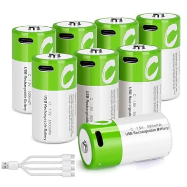 letoom C Batteries Rechargeable with USB 4 in 1 Cable 8 Pack C Size Cell Lithium Batteries LR14 5000mWh 1.5V Li-ion Power for Long-Lasting Use in Floodlights