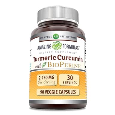 Amazing Formulas Turmeric Curcumin with Bioperine Supplement | 2250 Mg per Serving | Veggie Capsules | Non-GMO | Gluten-Free | Made in USA (1 Pack, 90 Count)