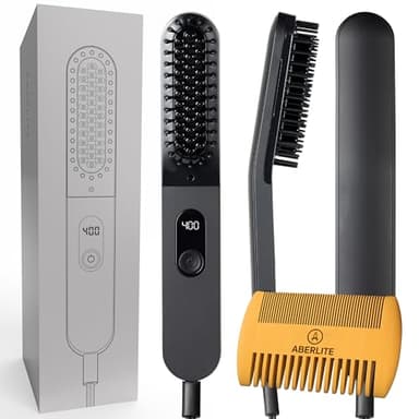 Aberlite Slim Beard & Hair Straightener - Anti-Scald Comb Tooth - Ionic Conditioning - Heated Brush - Straightening Comb for Men - for All Beard Types