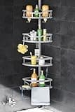 HAMITOR Corner Shower Caddy Tension Pole: Rustproof 4-Tier Bathroom Organizer Shelves for Bathtub Shampoo Storage - 47-121 Inch Quick Install Adjustable Rod Standing Rack with Soap Rack - Silver Gray