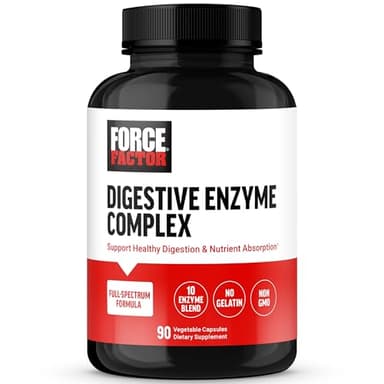 Force Factor Digestive Enzymes Complex to Support Digestive Health, Gut Health, and Provide Bloating Relief for Women and Men, Full-Spectrum 10 Digestive Enzymes, Non-GMO, 90 Capsules