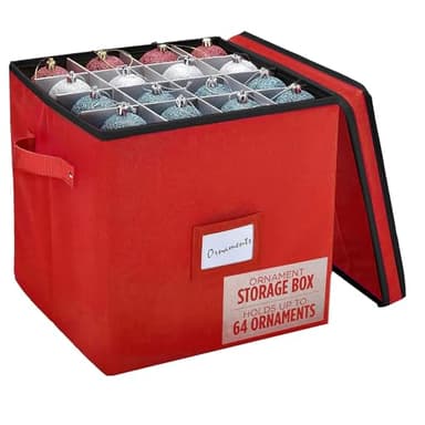 Handy Laundry, Christmas Ornament Storage - Stores up to 64 Holiday Ornaments, Adjustable Dividers, Covered Top, Two Handles. Storage Box Keeps Holiday Decorations Clean & Dry for Next Season. (Red)