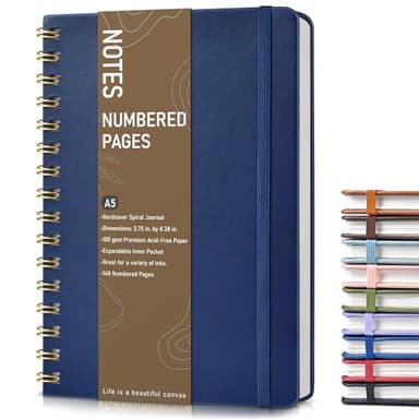 Lined Spiral Journal Notebook, A5 Hardcover Spiral Journals for Women Men, 150 Numbered Pages Spiral Bound Notebook, 100 GSM College Ruled Notebooks for Writing Note Taking 5.75" x 8.38", Navy Blue
