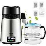 VEVOR 1.1 Gal Water Distiller, 0.3 Gal/H, Distilled Water Maker Machine 750W 0-99H Timing Set Temp Display, 304 Stainless Steel Countertop Distiller Glass Carafe Cleaning Powder 3 Carbon Packs, Silver