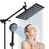Rain Shower Head with Handheld Spray, Lanhado 10'' High Pressure Shower Heads with 11'' Extension Arm, 9 Settings Handheld Shower Heads with Hose & Holder, Anti-leak Dual Rainfall Shower Head, Black