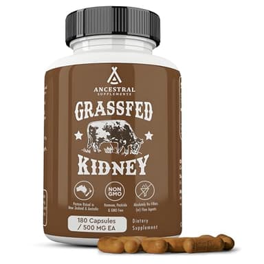 Ancestral Supplements Grass Fed Beef Kidney Supplement, 3000mg, DAO Enzyme Supplement, Kidney Support for Urinary and Histamine Health, Selenium, B12, Non GMO, 180 Capsules