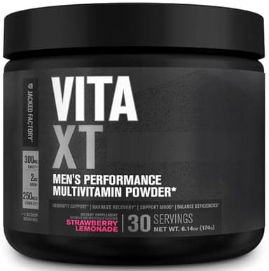 Jacked Factory Vita XT Performance Vitamin Powder - Daily Multivitamin Powder for Men with KSM-66 Ashwagandha, Prebiotic Fiber, Vitamin A, C, D, K, B6, B12, & More - Strawberry Lemonade, 30Sv